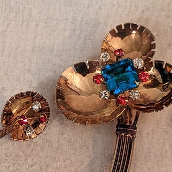 Demi-parure 1940s Gold Vermeil Over Sterling Rhinestone Brooch & Earring Set - Picture 10 of 12